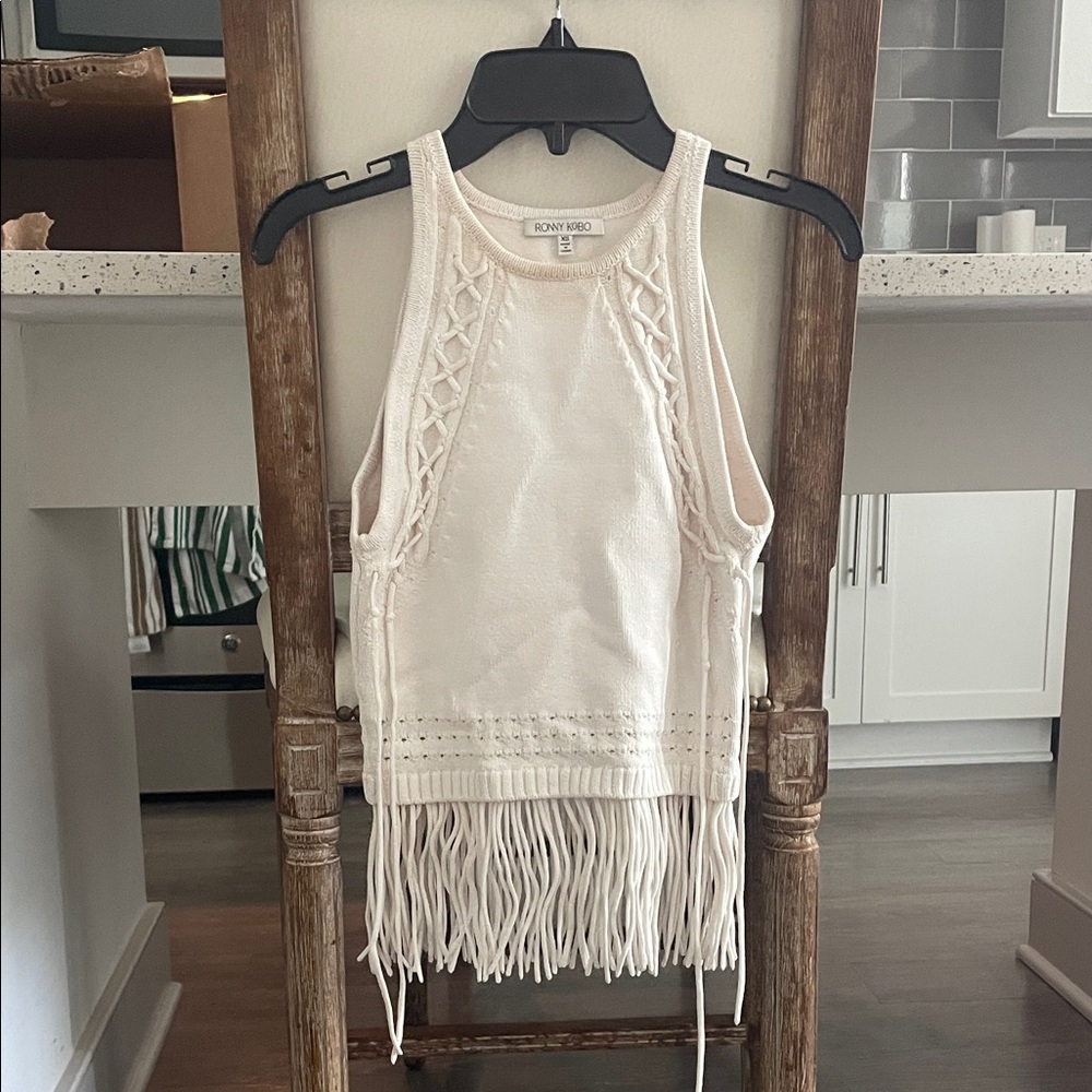 Ronny Kobo Collection Cream Fringe Tank